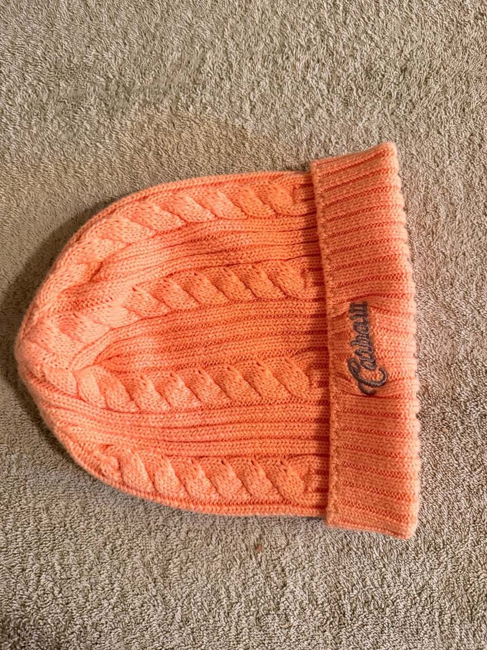 Carhartt Beanie One Size Fits All Coral Orange Cable Knit Embroidered Spellout